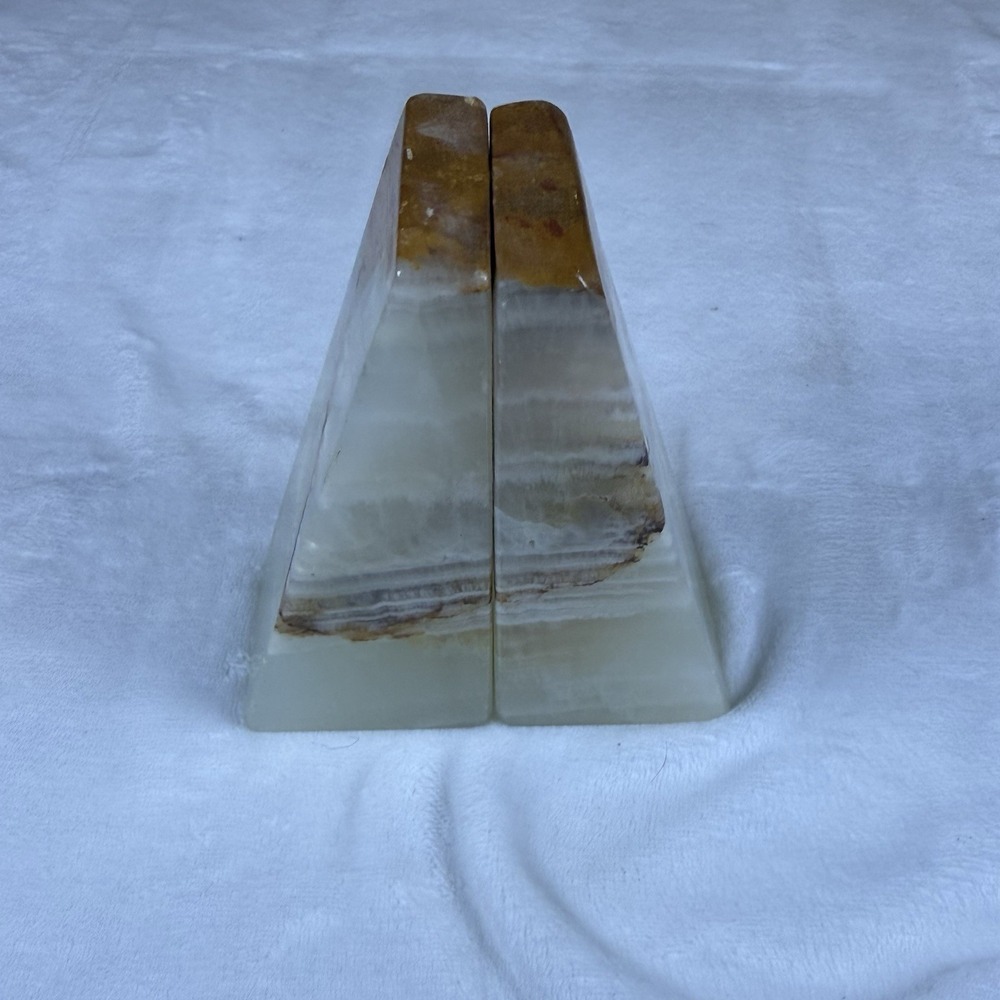 Vintage Green Onyx Marble Bookends Pair Natural Stone Brown Banded 7in Geometric - Picture 10 of 10